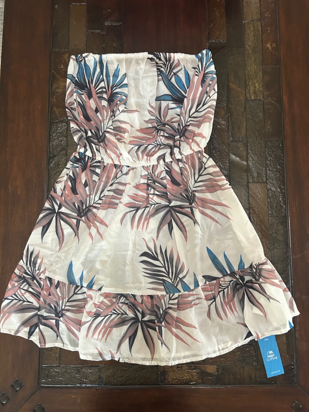 Cupshe Strapless Tropical Print Sheer Coverup — White with Pink & Blue Leaves